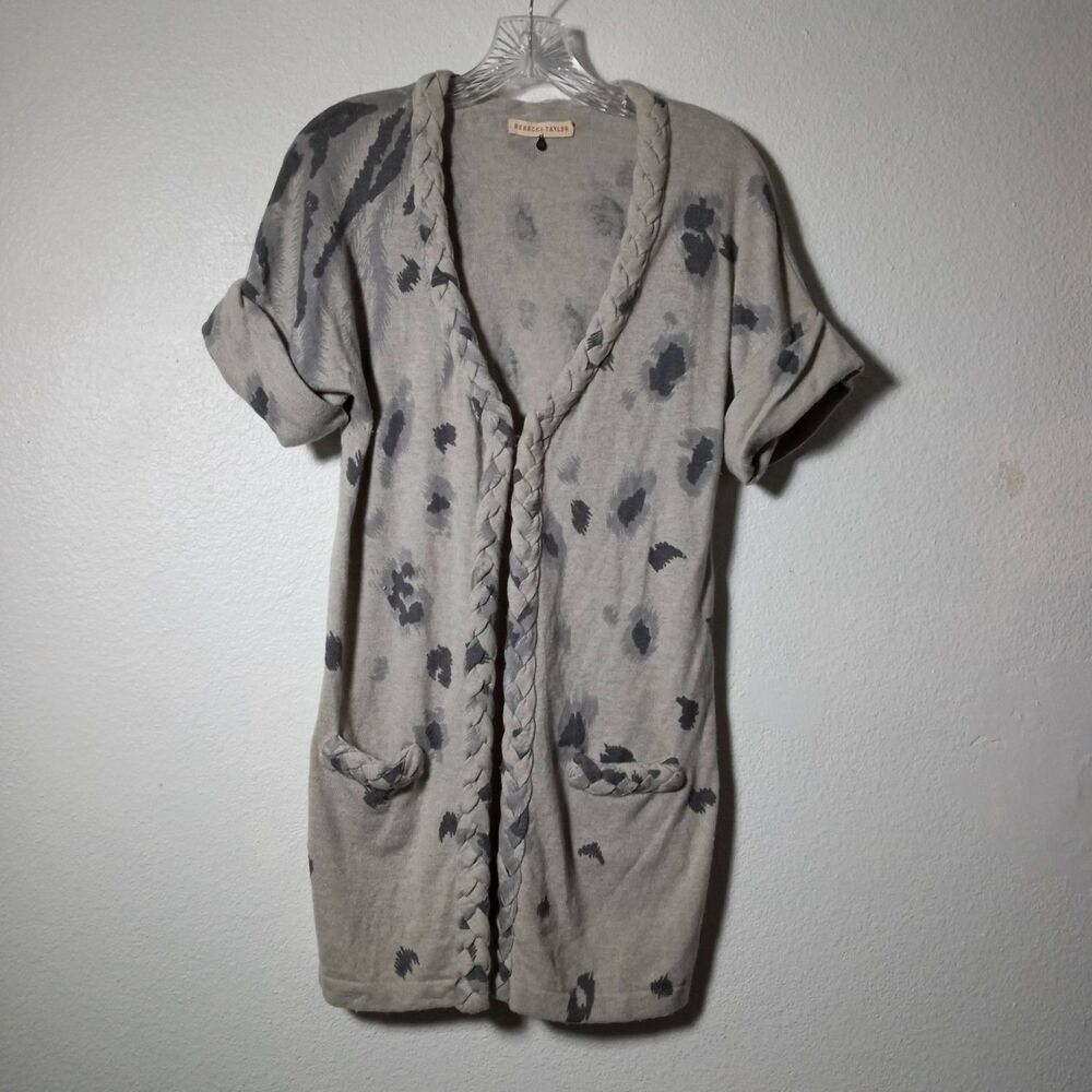 Rebecca Taylor Cashmere Open Cardigan Gray SZ S Short Sleeve Sweater Pockets